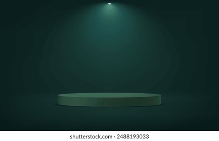 Green studio room background. Dark green background vector 3d with podium. Empty room with light effect. Space for selling products on the website. Vector illustration.