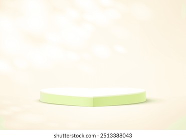 Green studio room background with heart shape podium. pedestal podium heart shape. Empty room with shadow leaves. Space for selling products on the website. Vector illustration.