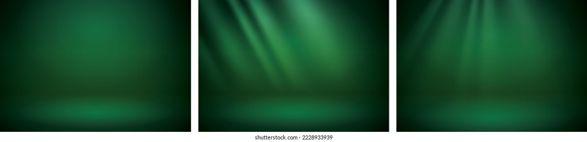 Green studio scene background set. Neutral deep green background with soft rays. Soft studio lighting. Photostudio soft box lighting.