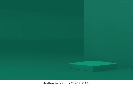 Green studio wall background 3d squared podium pedestal for shopping sale realistic vector illustration. Advertising showroom stand display geometric platform stage for product show presentation