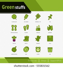 Green stuffs vector icons set on white background.  Premium quality outline symbol 
collection. Stroke vector logo concept, web graphics.