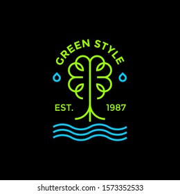 Green Style Logo. Tree Water Icon Monoline Simple Symbol.