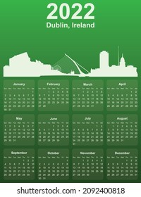 Green stylish 2022 year calendar with cityscape panorama of the city of Dublin, Ireland
