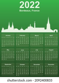 Green stylish 2022 year calendar with cityscape panorama of the city of Bordeaux, France