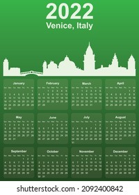 Green stylish 2022 year calendar with cityscape panorama of the city of Venice, Italy