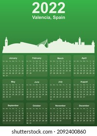 Green stylish 2022 year calendar with cityscape panorama of the city of Valencia, Spain