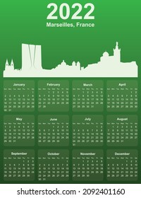 Green stylish 2022 year calendar with cityscape panorama of the city of Marseilles, France