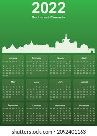Green stylish 2022 year calendar with cityscape panorama of the city of Bucharest, Romania