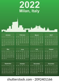 Green stylish 2022 year calendar with cityscape panorama of the city of Milan, Italy