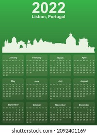 Green stylish 2022 year calendar with cityscape panorama of the city of Lisbon, Portugal