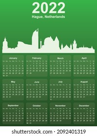 Green stylish 2022 year calendar with cityscape panorama of the city of Hague, Netherlands