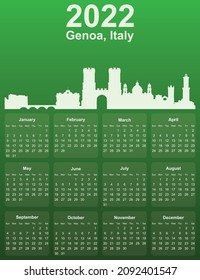 Green stylish 2022 year calendar with cityscape panorama of the city of Genoa, Italy