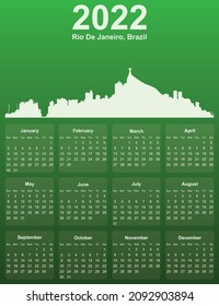 Green stylish 2022 year calendar with cityscape panorama of the city of Rio De Janeiro, Brazil