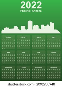 Green stylish 2022 year calendar with cityscape panorama of the city of Phoenix, Arizona - US State
