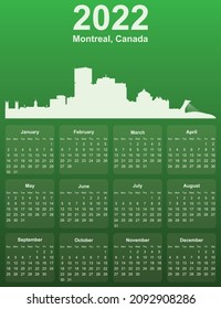 Green stylish 2022 year calendar with cityscape panorama of the city of Montreal, Canada