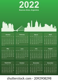 Green stylish 2022 year calendar with cityscape panorama of the city of Buenos Aires, Argentina