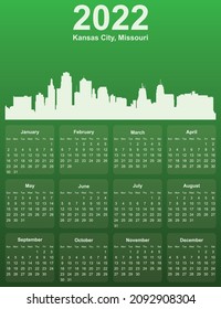 Green stylish 2022 year calendar with cityscape panorama of the city of Kansas City, Missouri - US State