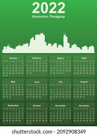 Green stylish 2022 year calendar with cityscape panorama of the city of Asuncion, Paraguay