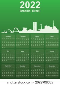Green stylish 2022 year calendar with cityscape panorama of the city of Brasilia, Brazil