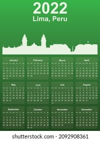 Green stylish 2022 year calendar with cityscape panorama of the city of Lima, Peru