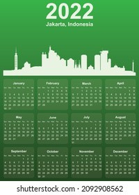 Green stylish 2022 year calendar with cityscape panorama of the city of Jakarta, Indonesia