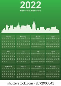 Green stylish 2022 year calendar with cityscape panorama of the city of New York, New York - US State