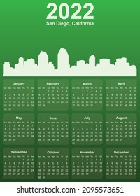 Green stylish 2022 year calendar with cityscape panorama of the city of San Diego, California