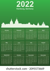 Green stylish 2022 year calendar with cityscape panorama of the city of Hamburg, Germany