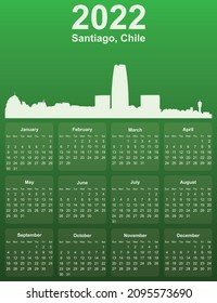 Green stylish 2022 year calendar with cityscape panorama of the city of Santiago, Chile