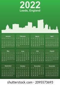 Green stylish 2022 year calendar with cityscape panorama of the city of Leeds, England