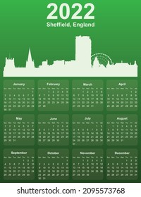 Green stylish 2022 year calendar with cityscape panorama of the city of Sheffield, England