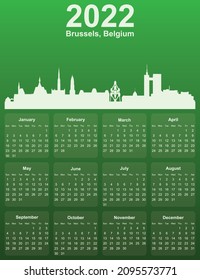 Green stylish 2022 year calendar with cityscape panorama of the city of Brussels, Belgium