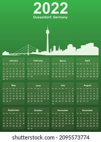 Green stylish 2022 year calendar with cityscape panorama of the city of Dusseldorf, Germany