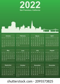 Green stylish 2022 year calendar with cityscape panorama of the city of San Francisco, California