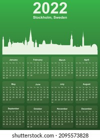 Green stylish 2022 year calendar with cityscape panorama of the city of Stockholm, Sweden