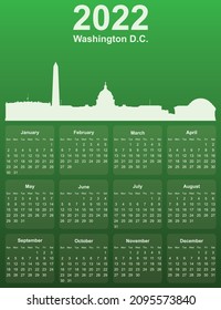 Green stylish 2022 year calendar with cityscape panorama of the city of Washington DC, District of Columbia