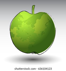 Green stylized apple vector illustration with grunge painted background texture and black outline. Organic fruit image. Can be used as logo. Healthy nutrition, vegan or vegetarian food with shadow.