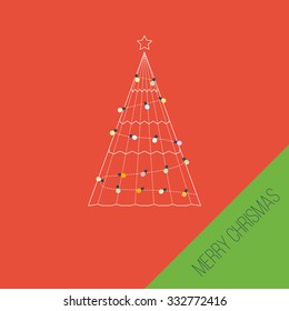 Green stylized carcass tree with a star and light bulbs. Happy New Year. Cute invitation card with winter city life and space for text. Merry Christmas greeting card design. Vector illustration