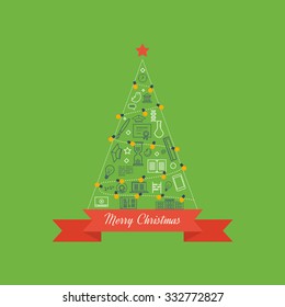 Green stylized carcass tree with a star and light bulbs. Happy New Year. Cute invitation card with winter city life and space for text. Vector illustration icons set of education