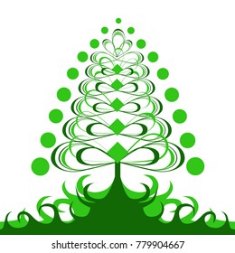 Green stylized Christmas tree made from curls on a white background