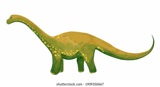 Green stylized dinosaur Diplodocus in the style of children's graphics.