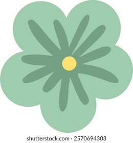 Green stylized flower with yellow center and rounded petals is blooming, representing nature, growth, and beauty, perfect for designs related to spring, summer, or floral themes