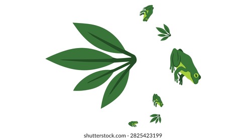 green stylized frog with smooth rounded shapes sitting among large green leaves with small floating leaves on white background for design