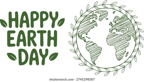 A green, stylized graphic design featuring the text 'Happy Earth Day' next to a circular, textured illustration of the Earth, perfect for environmental awareness campaigns and Earth Day promotions.