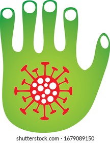 Green stylized hand blocking the coronvirus molecule. Symbol of protection against infection. Vector art graphic.
