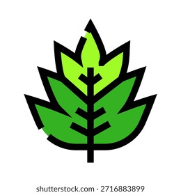Icono de hoja estilizada verde con contornos oscuros y sombreado interno verde claro, que simboliza la ecología, la botánica y los Elementos naturales, ideal para conceptos ambientales y orgánicos