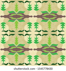 Green stylized leaves seamless pattern in natural colours. Ornate background, folk design