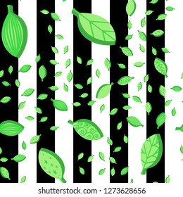 Green stylized leaves seamless vector pattern. Spring ornate falling foliage striped background