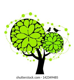 the green stylized tree with birds
