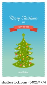 Green stylized tree with a star, Christmas ornaments and gift. Happy New Year. Cute invitation card with a Christmas tree and space for text. Merry Christmas vintage design greeting card background